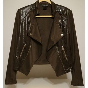 Thalian Women's Small Faux Leather Moto‎ Jacket Brown Cropped Zip Biker Style